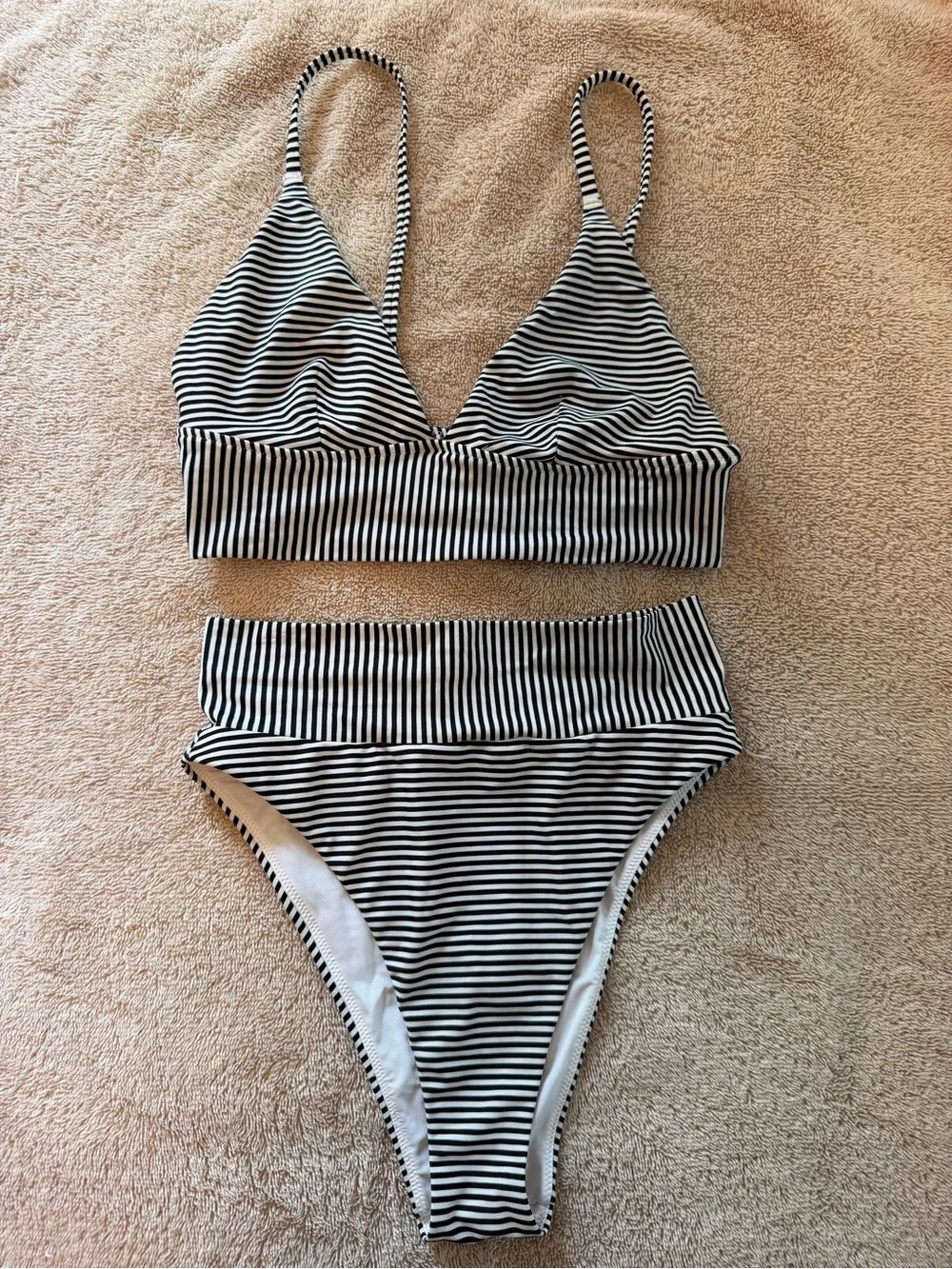 Aerie Black & White Striped Longline Triangle Bikini Set – Top S / Bottom XS